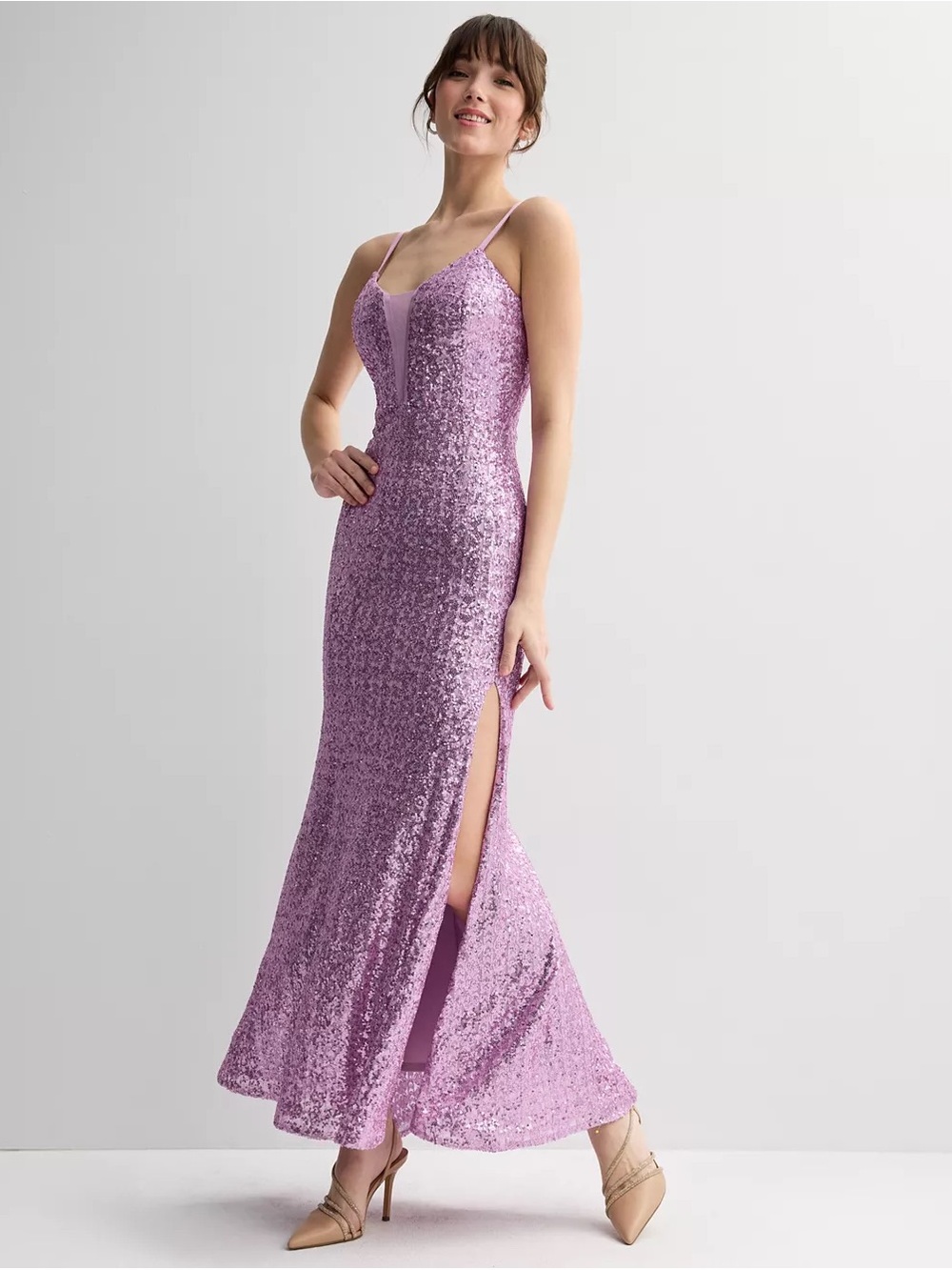Juniors' Violet Weekend Sequin Illusion Neckline Gown/ size: 5/6